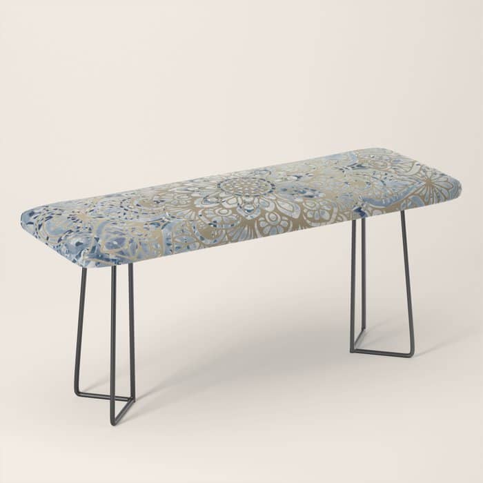Mandala Flower, Blue And Gold, Floral Prints Bench