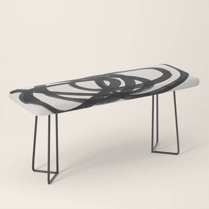Mid Century Modern Minimalist Abstract Art Brush Strokes Black & White Ink Art Spiral Circles Bench