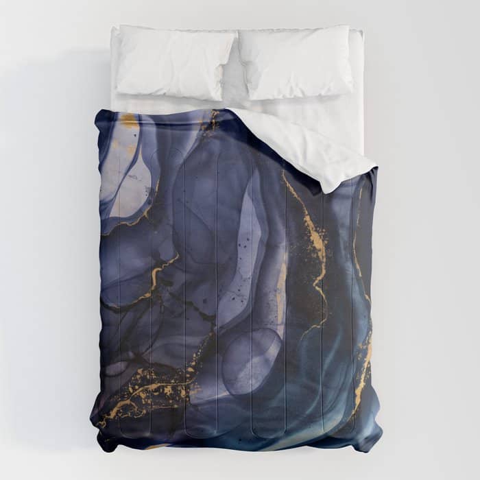 Midnight Dark Blue Marble Alcohol Ink Marble Art Flashes Comforter