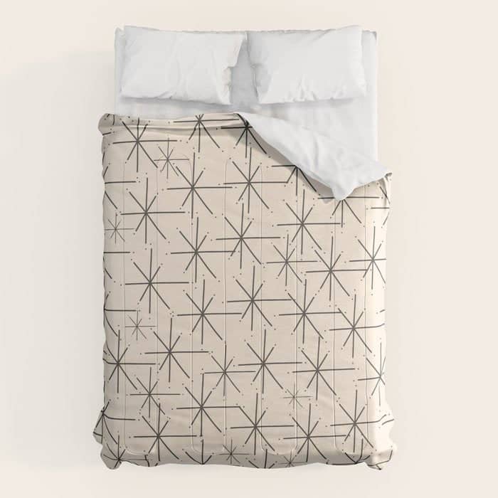 Stella - Atomic Age Mid Century Modern Starburst Pattern In Charcoal Gray And Almond Cream Comforter