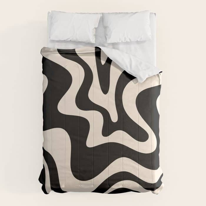 Retro Liquid Swirl Abstract Pattern 3 In Black And Almond Cream Comforter
