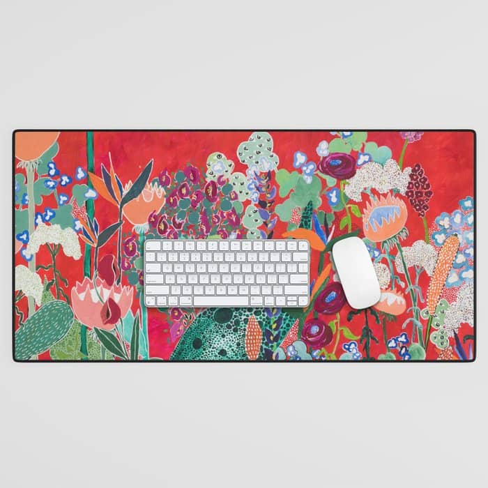 Red Floral Jungle Garden Botanical Featuring Proteas, Reeds, Eucalyptus, Ferns And Birds Of Paradise Desk Mat
