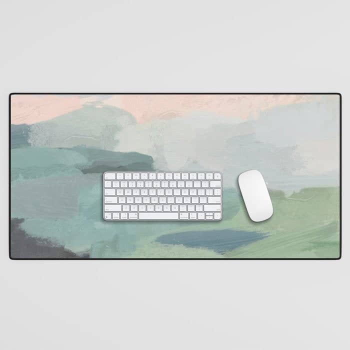 Farmland Sunset Ii - Seafoam Green Mint Black Blush Pink Abstract Nature Land Art Painting Desk Mat