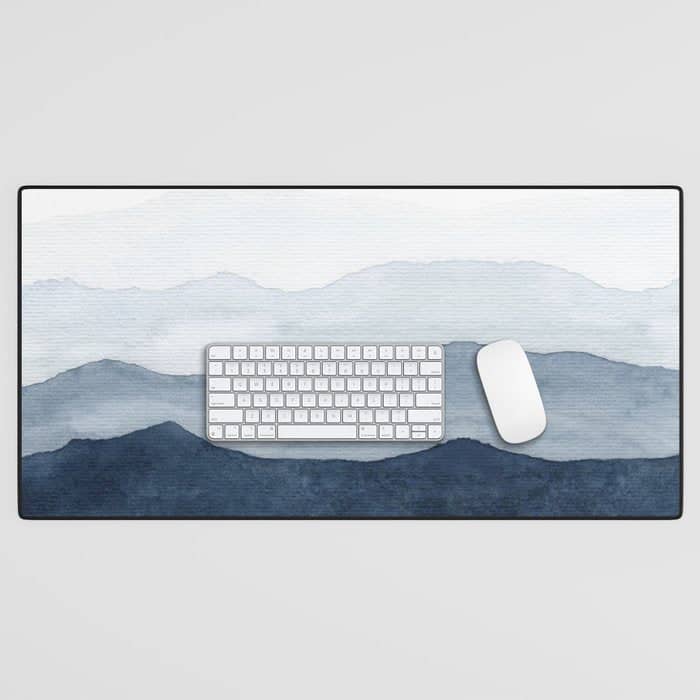 Indigo Abstract Watercolor Mountains Desk Mat