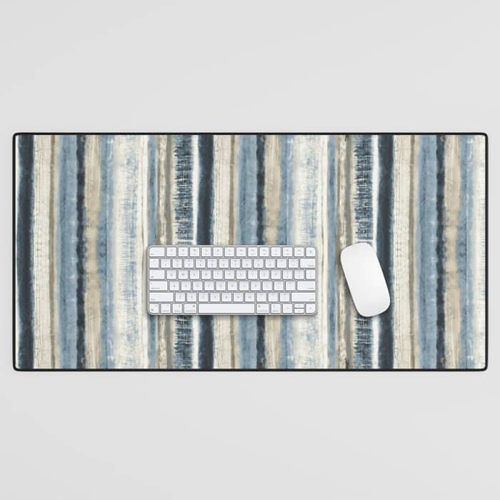 Distressed Blue And White Watercolor Stripe Desk Mat