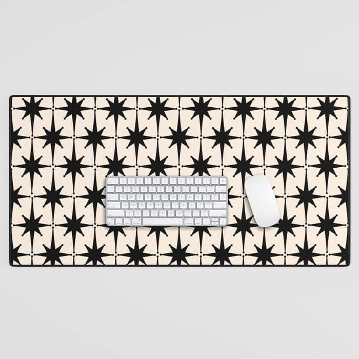 Midcentury Modern Atomic Age Starburst Pattern In Black And Almond Cream Desk Mat