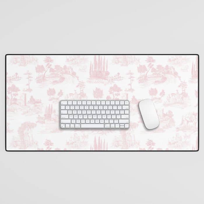 Toile De Jouy Vintage French Romantic Pastoral Baby Pink & White Desk Mat