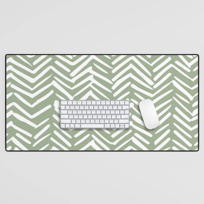 Boho, Abstract, Herringbone Pattern, Sage Green And White Desk Mat