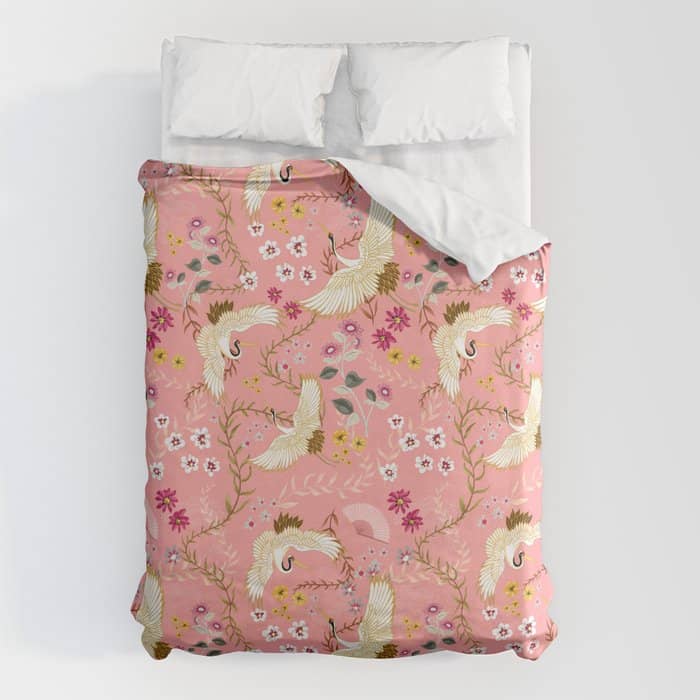Chinoiserie Cranes On Pink, Birds, Flowers,  Duvet Cover