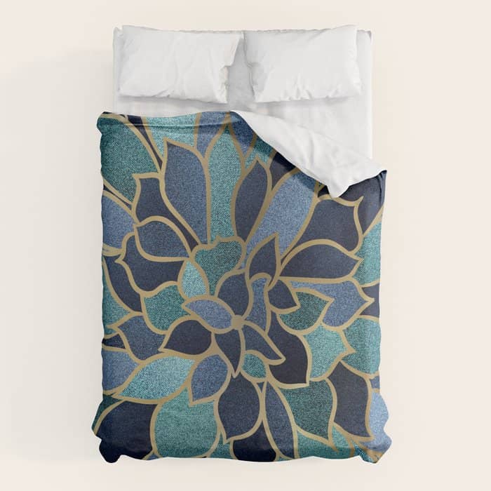 Festive, Floral Prints, Navy Blue, Teal And Gold Duvet Cover