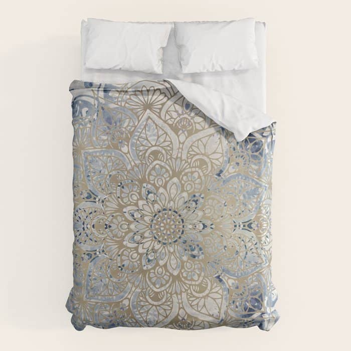 Mandala Flower, Blue And Gold, Floral Prints Duvet Cover