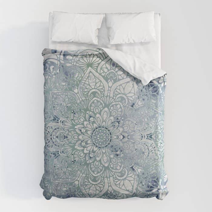 Yoga, Mandala, Green And Blue, Wall Art Boho Duvet Cover