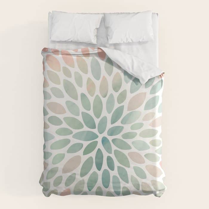 Floral Bloom, Abstract Watercolor, Coral, Peach, Green, Floral Prints Duvet Cover