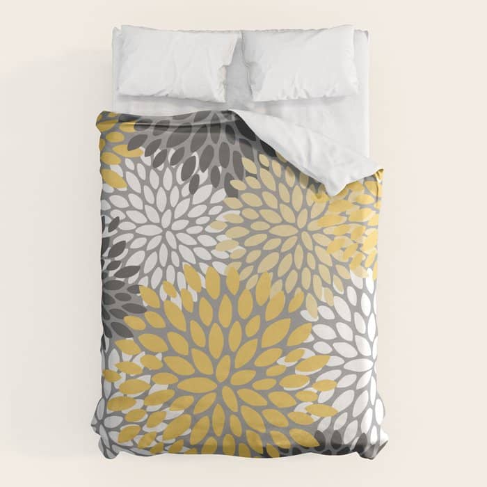 Modern Elegant Chic Floral Pattern, Soft Yellow, Gray, White Duvet Cover