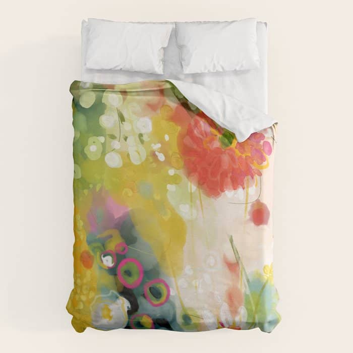 Abstract Floral Art In Yellow Green And Rose Magenta Colors Duvet Cover