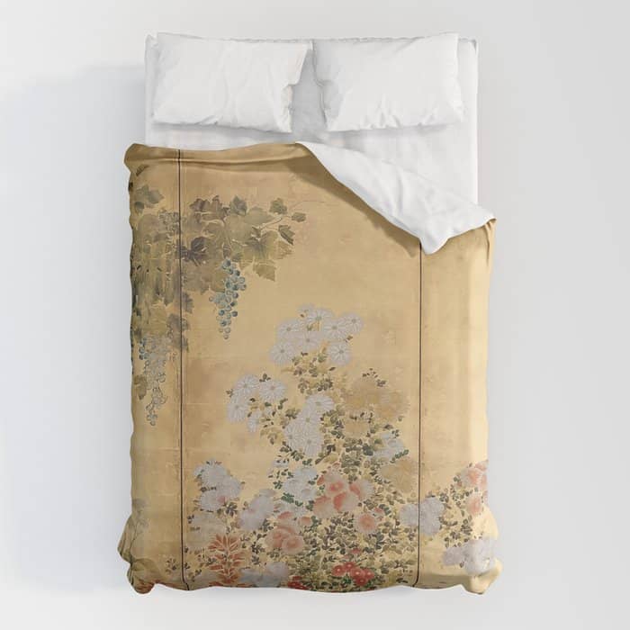 Japanese Edo Period Six-Panel Gold Leaf Screen - Spring And Autumn Flowers Duvet Cover