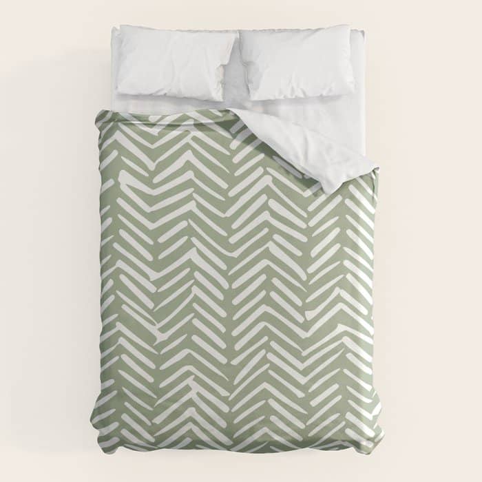 Boho, Abstract, Herringbone Pattern, Sage Green And White Duvet Cover