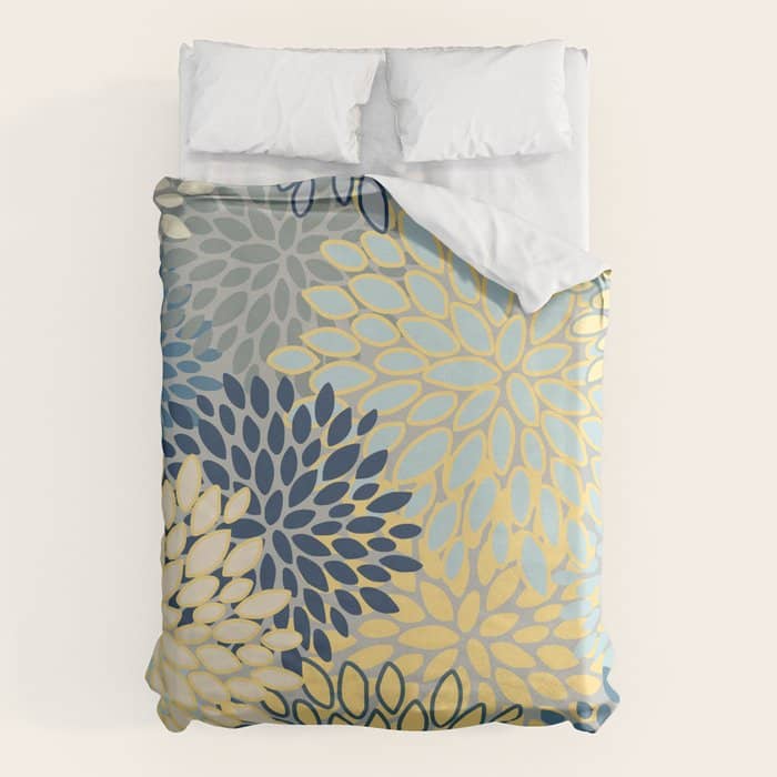 Floral Print, Yellow, Gray, Blue, Teal Duvet Cover