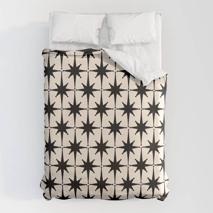 Midcentury Modern Atomic Age Starburst Pattern In Black And Almond Cream Duvet Cover