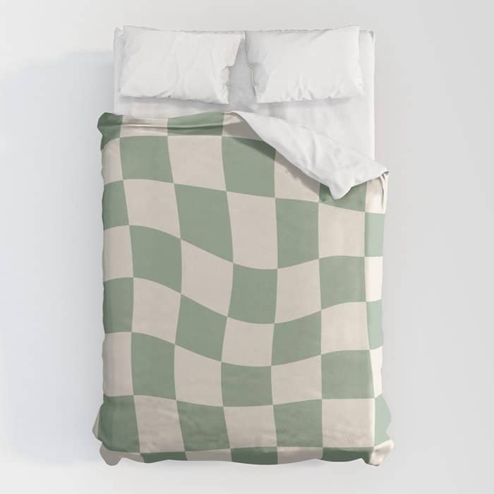 Sage Green Wavy Checkered Pattern Duvet Cover