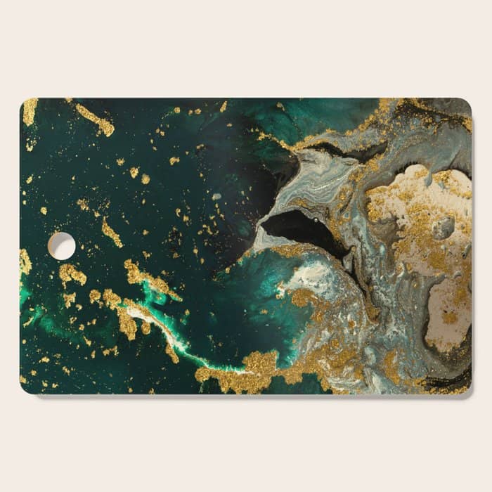 Abstract Pour Painting Liquid Marble Abstract Dark Green Painting Gold Accent Agate Stone Layers Cutting Board