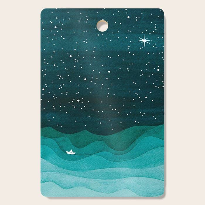 Starry Ocean, Teal Sailboat Watercolor Sea Waves Night Cutting Board