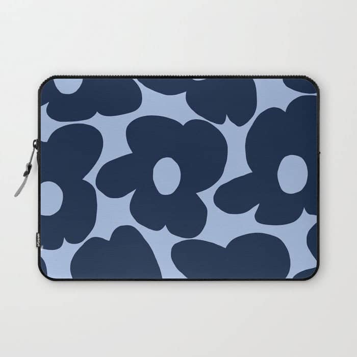 Large Dark Blue Retro Flowers Baby Blue Background #Decor #Homestorie #Buyart Laptop Sleeve