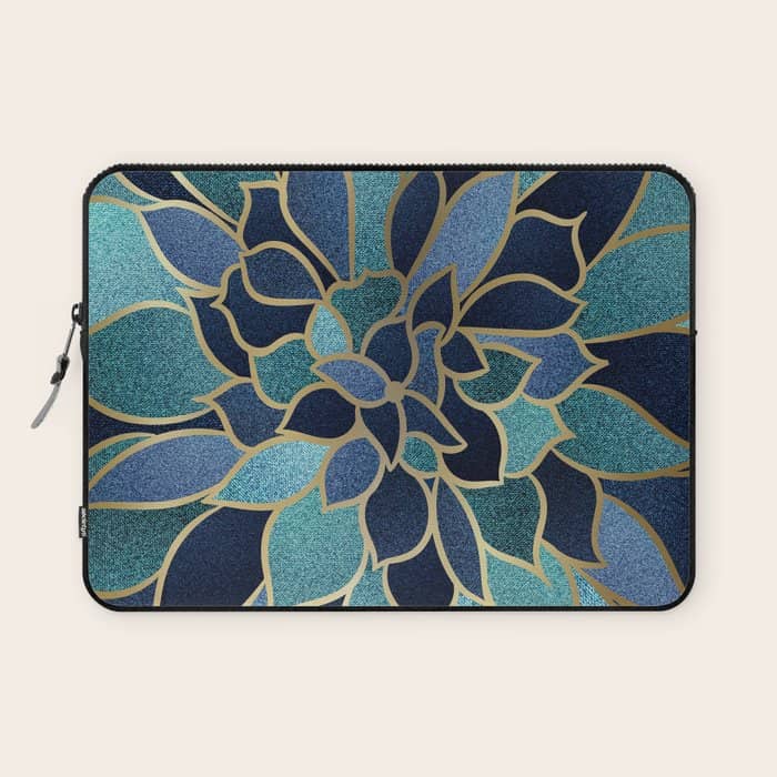 Festive, Floral Prints, Navy Blue, Teal And Gold Laptop Sleeve
