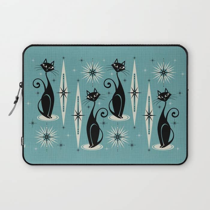 Mid Century Meow Retro Atomic Cats On Blue Laptop Sleeve