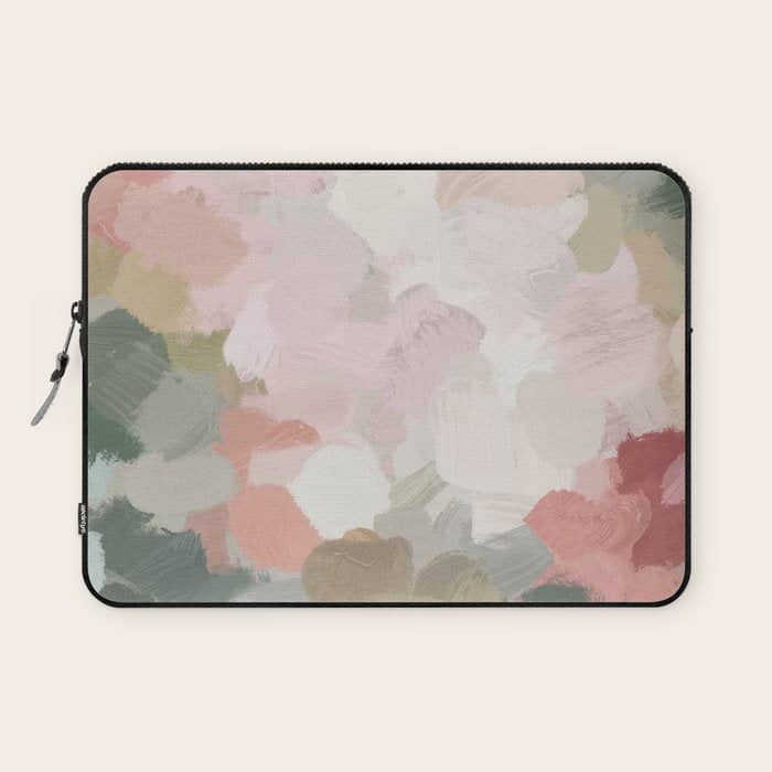 Time To Bloom - Forest Green Fuchsia Blush Pink Abstract Flower Spring Painting Art Laptop Sleeve