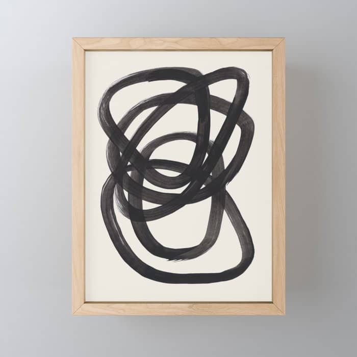 Mid Century Modern Minimalist Abstract Art Brush Strokes Black & White Ink Art Spiral Circles Mini Art Print
