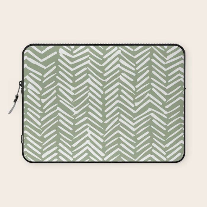 Boho, Abstract, Herringbone Pattern, Sage Green And White Laptop Sleeve