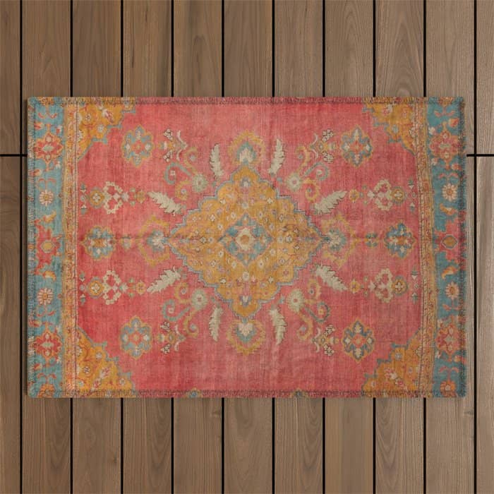 Antique Warm Coral Red & Burnt Orange Turkish Oushak Rug Print Outdoor Rug