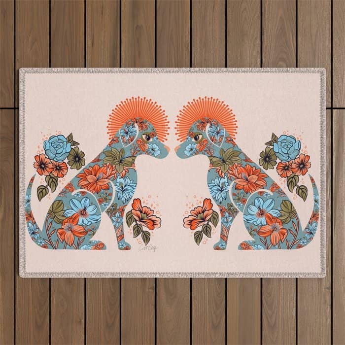 Porcelain Floral Dog Blue & Coral Outdoor Rug