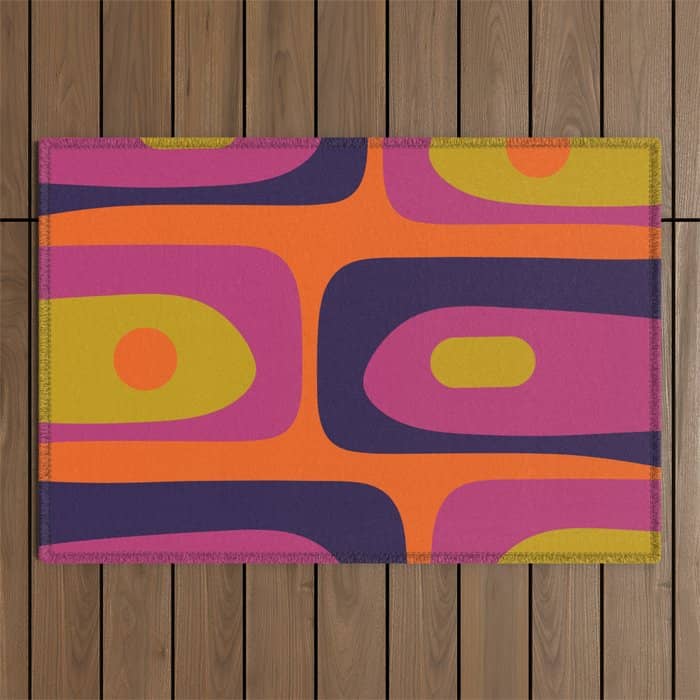Mid-Century Modern Piquet Colorful Retro Abstract Orange Lime Avocado Blue Magenta Outdoor Rug
