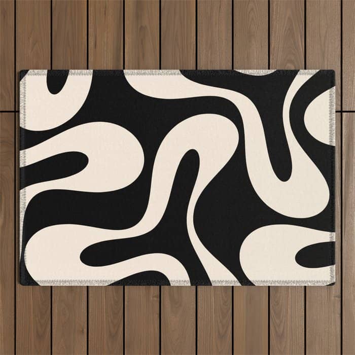 Soft Curves Retro Modern Abstract Pattern In Black And Almond Cream Outdoor Rug