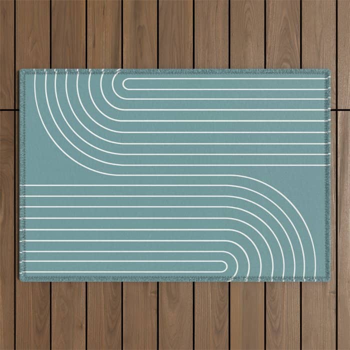 Minimal Line Curvature Lxxxvi Beachy Teal Mid Century Modern Arch Abstract Outdoor Rug