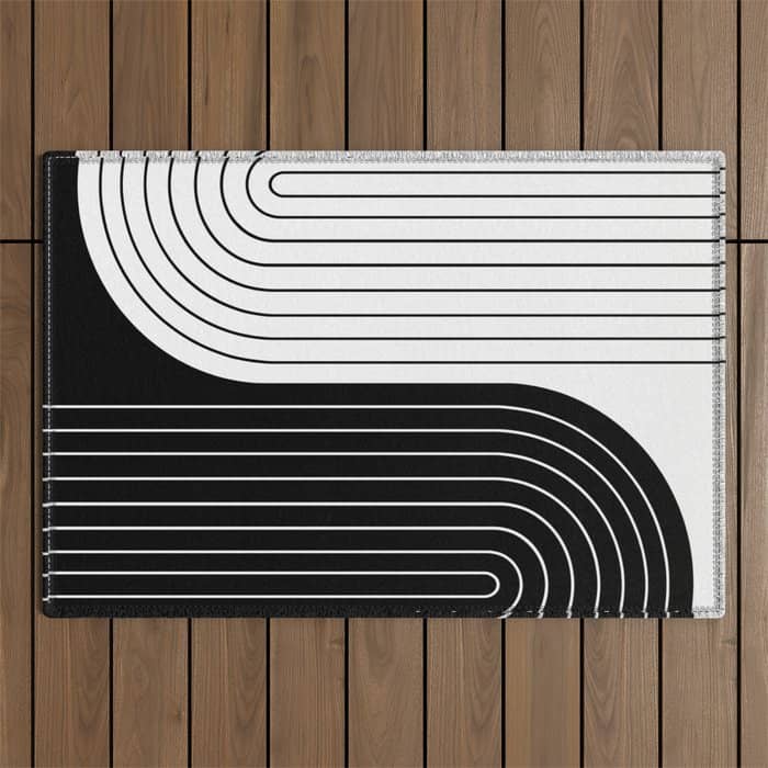 Two Tone Line Curvature Viii Black And White Modern Arch Abstract Outdoor Rug