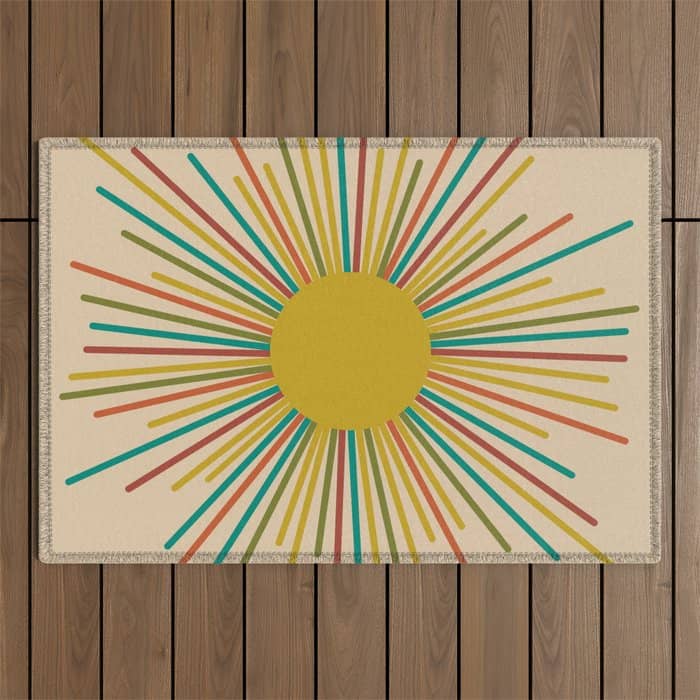Mid-Century Modern Sunburst - Minimalist Abstract Sun In Mid Mod Mustard, Orange, Olive, Blue, And Beige Outdoor Rug