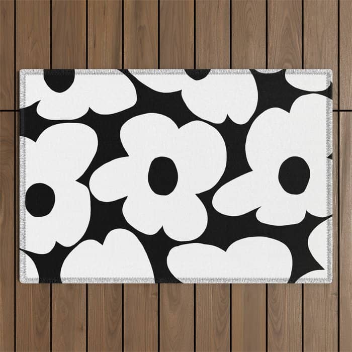 White Retro Flowers Black Background #Decor #Homestorie #Buyart Outdoor Rug