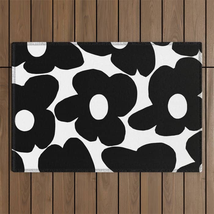 Black Retro Flowers White Background #Decor #Homestorie #Buyart Outdoor Rug