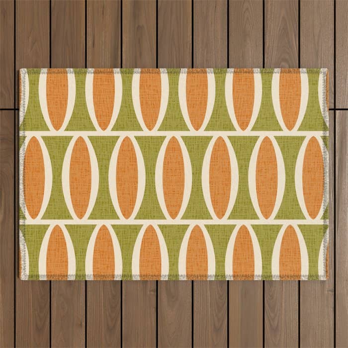 Retro Vintage 1950s Style Geometric Oval Pattern 228 Googie Orange Olive Green Outdoor Rug