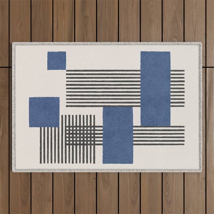 Stripes And Square Blue Composition - Abstract Outdoor Rug