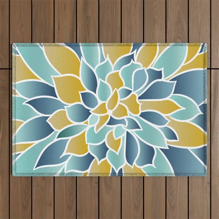Modern, Floral Prints, Yellow, Blue And Teal Outdoor Rug