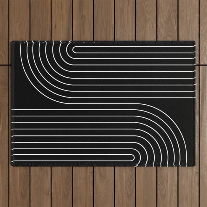 Minimal Line Curvature Ii Black And White Mid Century Modern Arch Abstract Outdoor Rug