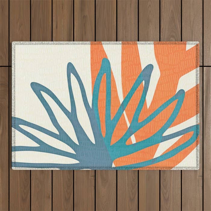 Mid Century Nature Print / Teal And Orange Outdoor Rug