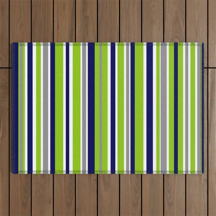 Lime Green Bright Navy Blue Gray And White Vertical Stripes Pattern Outdoor Rug