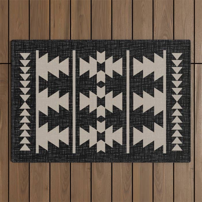 Southwestern Pattern 129 Black And Linen Outdoor Rug
