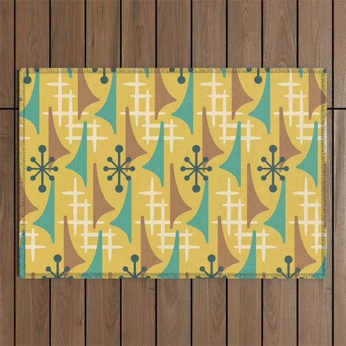 Mid Century Modern Atomic Wing Composition 55 Yellow Brown And Teal Outdoor Rug