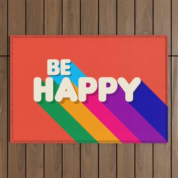 Be Happy - Rainbow Retro Typography Outdoor Rug